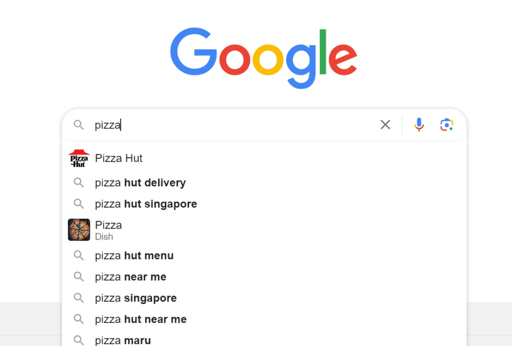 A screenshot of google suggestions for “pizza”