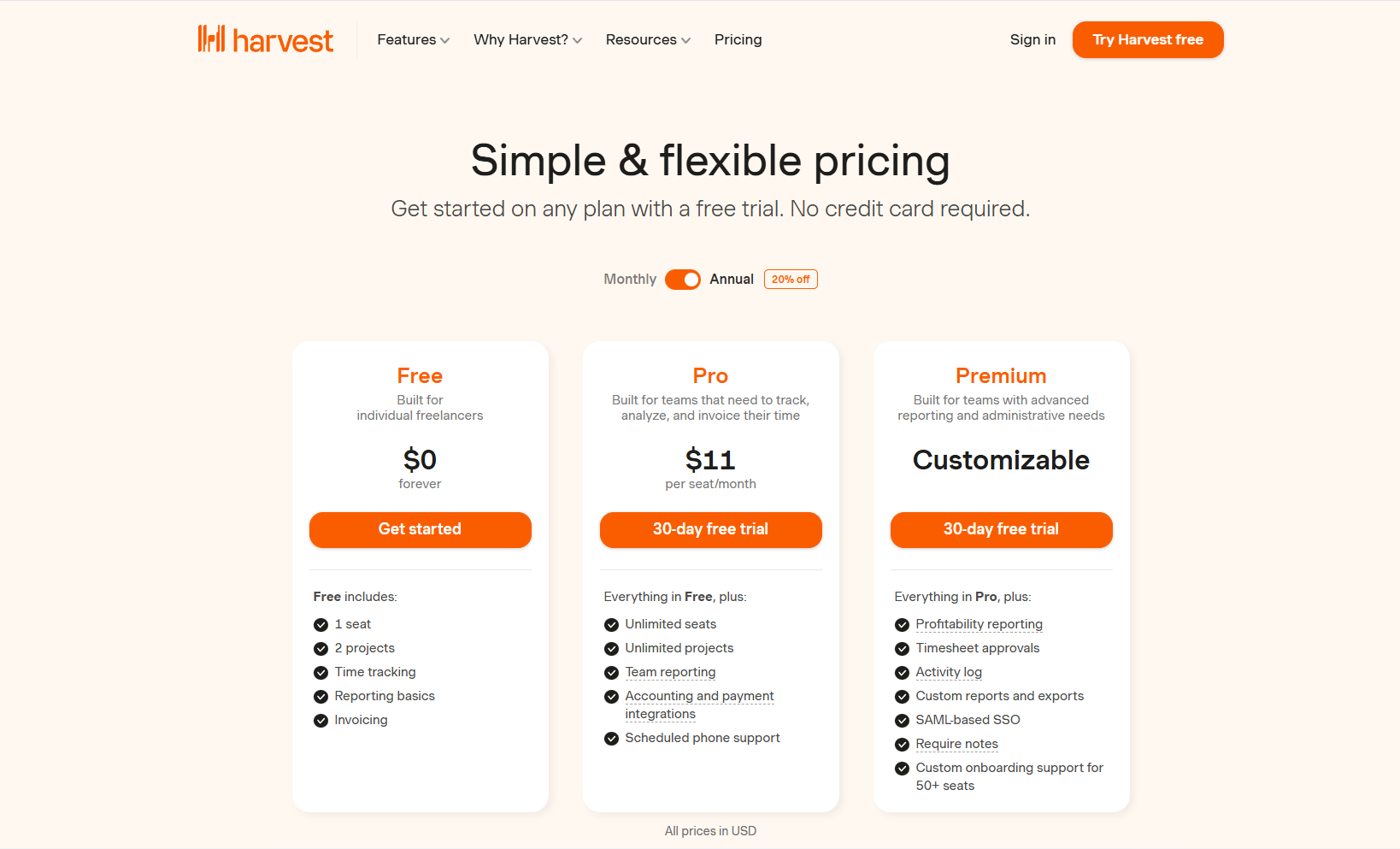 Harvest Time Tracking Pricing Plans