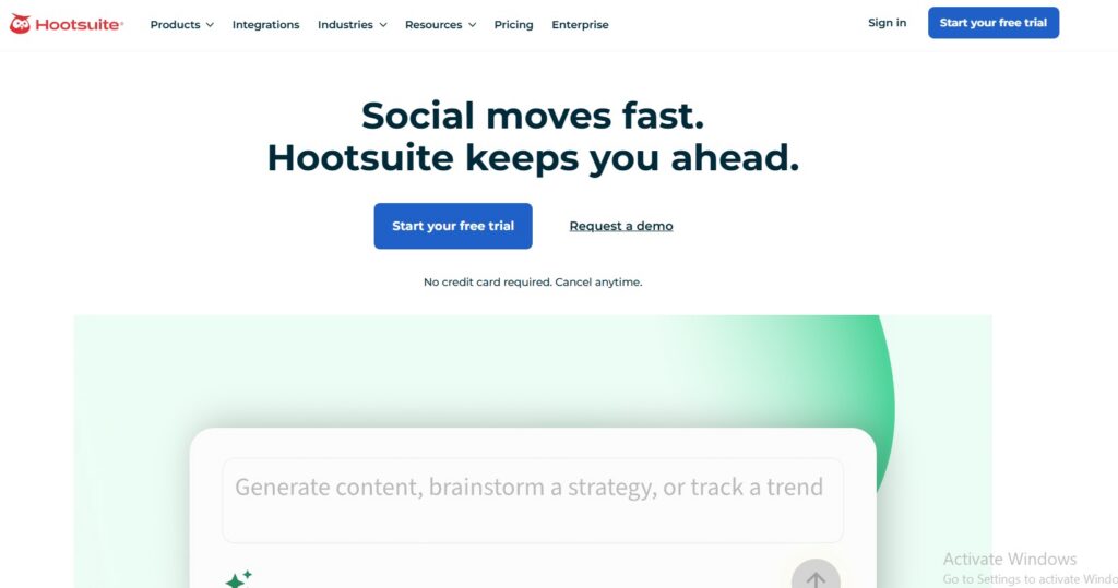 hootsuite homepage for customer acquisition