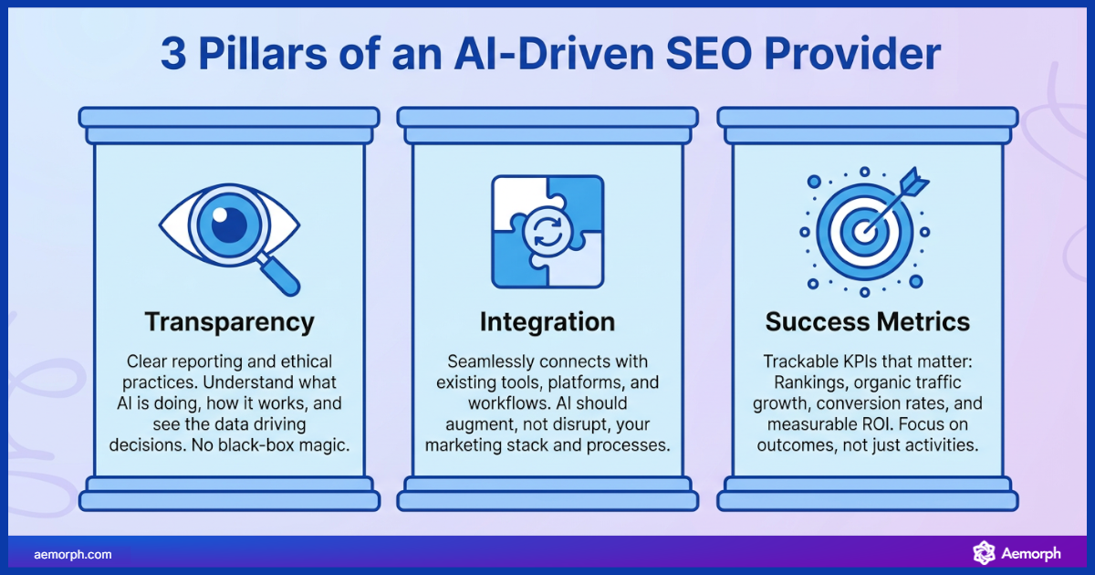 Three pillars of an AI-driven SEO provider: transparency, integration, and measurable success metrics