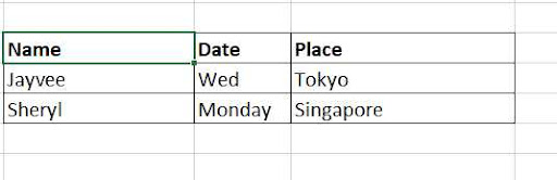 Liệt kê tên, thời gian, địa điểm trong Excel
