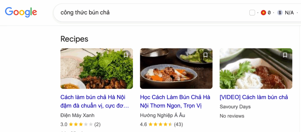 Ví dụ recipes snippets trên trang tìm kiếm của Google