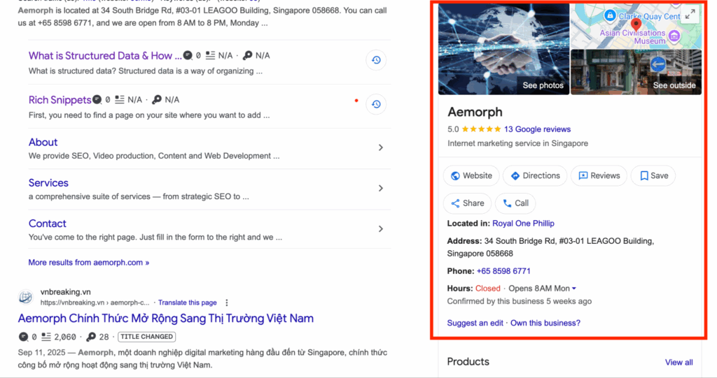 Thông tin của Aemorph trên trang tìm kiếm của Google
