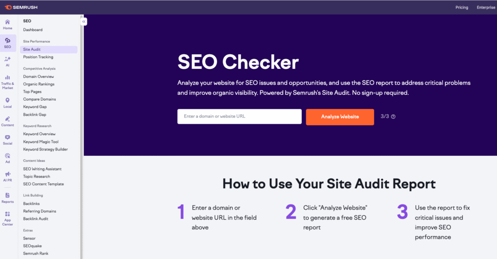 màn hình giao diện công cụ semrush