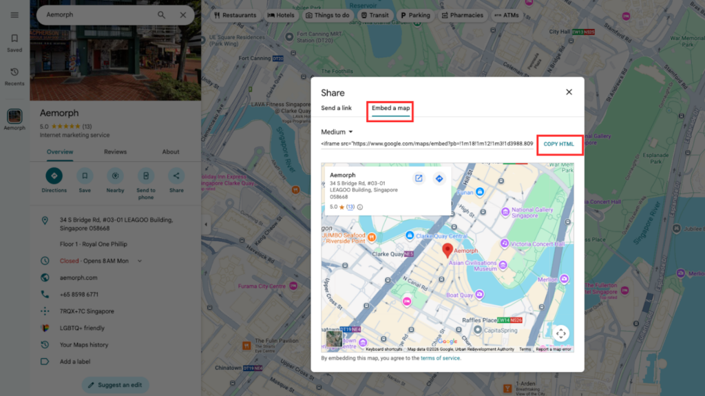 màn hình google map hiển thị mã nhúng HTML