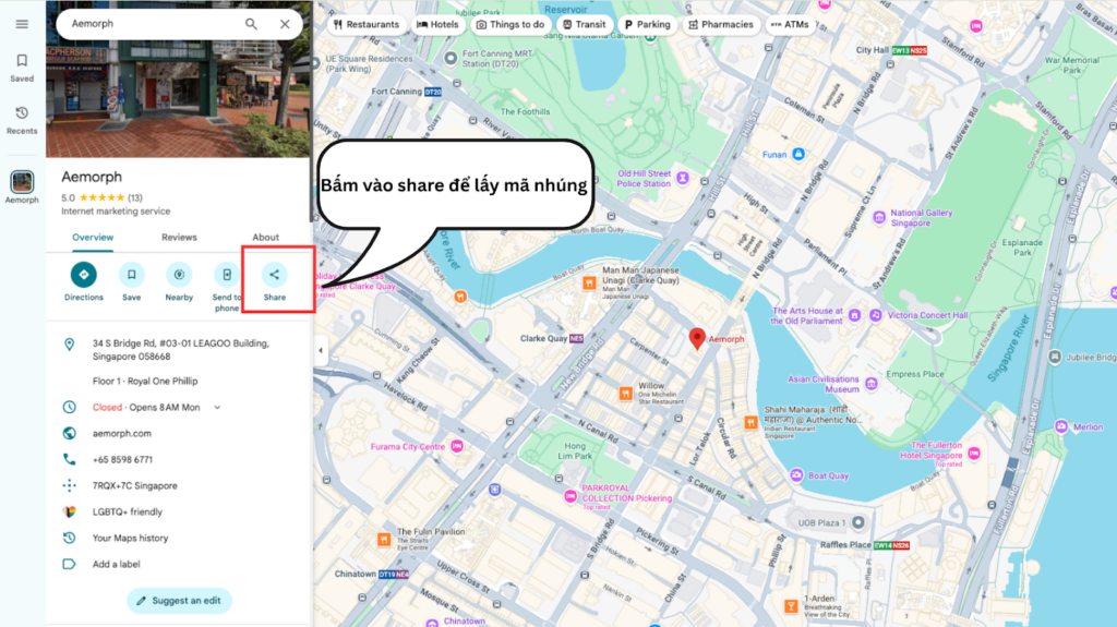 màn hình google map với nút share map để lấy mã nhúng