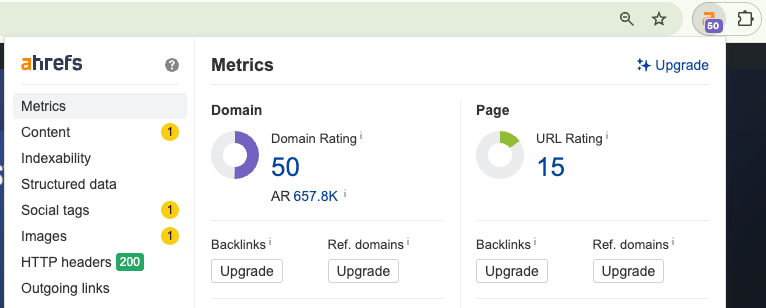 giao diện google extension Ahrefs SEO toolbar