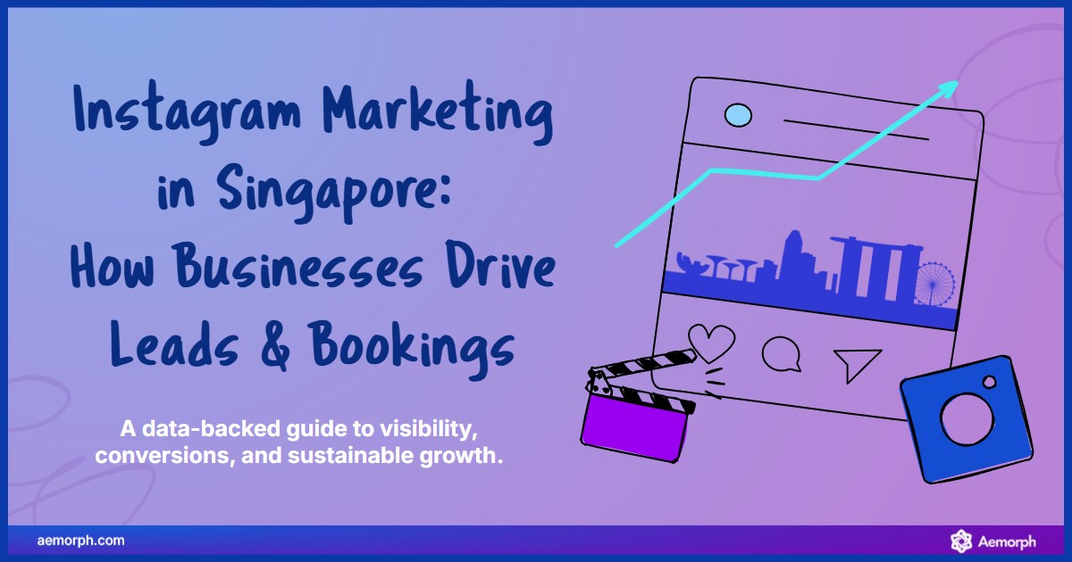 Singapore Brands Winning with Instagram Visual of mobile screen with engagement icons and Singapore landmarks, showing growth.