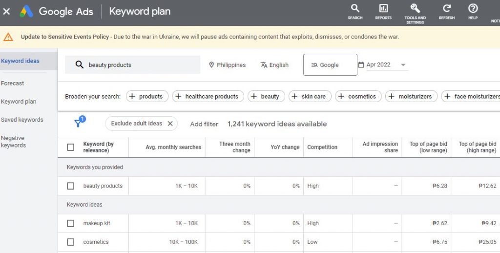 Keyword Ideas in Adwords Keyword Planner
