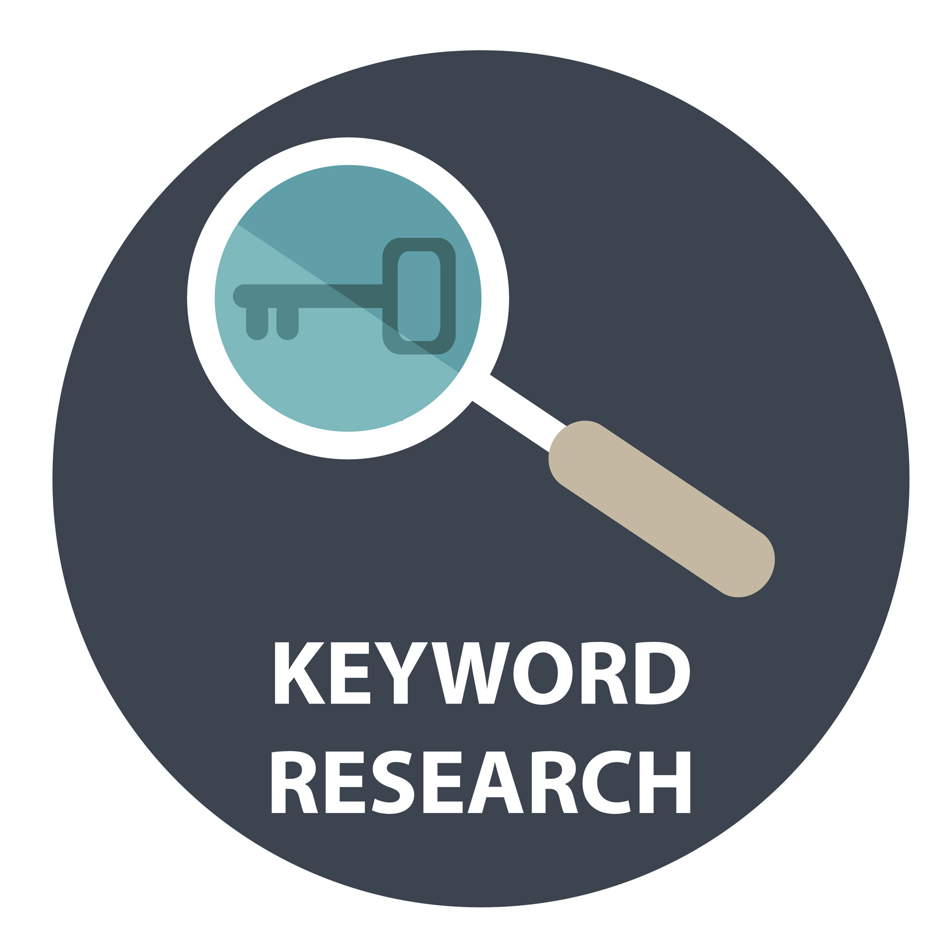 Keyword research text with magnifying glass and key icon