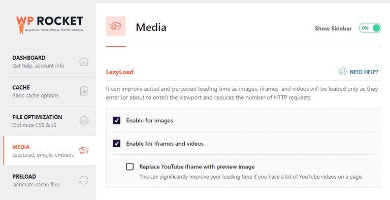 WP Rocket media panel showing options of lazyload