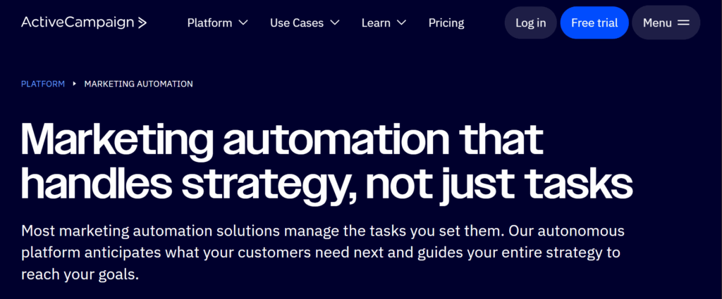 ActiveCampaign Marketing Automation Tool Webpage