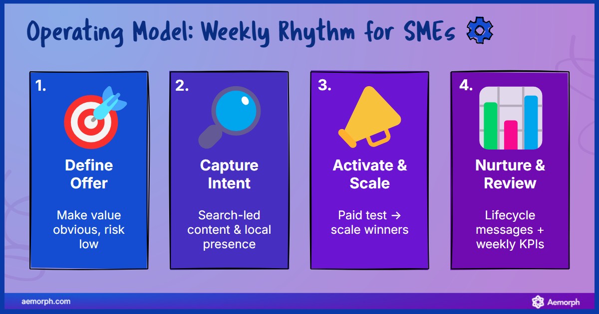 Steps for SMEs: create offer, drive traffic, run tests, and track performance weekly.