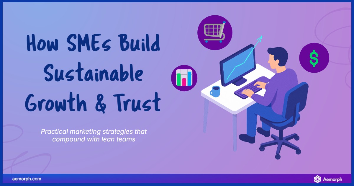 SME building growth using digital strategies with icons for shopping, revenue, and analytics.