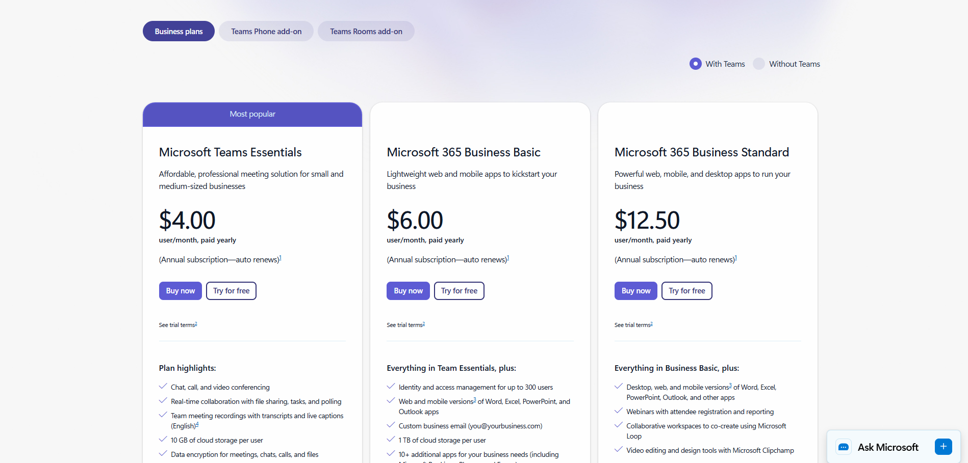 Microsoft teams pricing