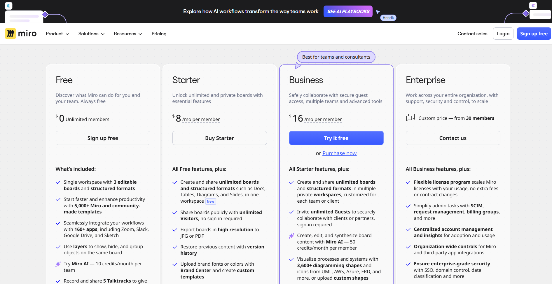 Miro Async Communication Tools Pricing