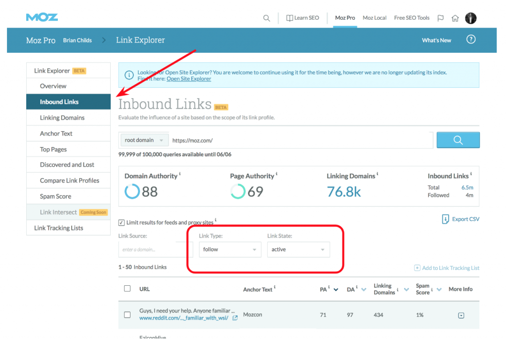 Moz pro website showing the interface of Inbound Links