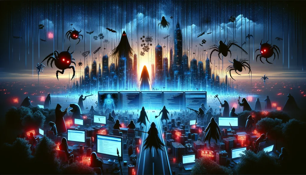 A digital city representing a web page under siege by malicious cyber threats, with dark figures and digital creatures symbolizing hacking and malware attacks. The city's code barriers and firewalls fight back against the tools of corruption under a sky streaked with red alerts, highlighting the battle between security measures and the devastating impact of negative SEO tactics.