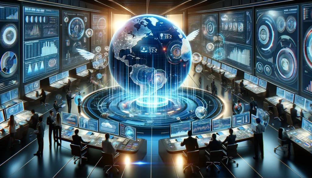 A digital command center with a team of professionals engaging with holographic interfaces and screens, showcasing analytics and search engine data, centered around a large interactive hologram of a globe. This scene illustrates the strategic and analytical process of reporting to search engines, highlighted by advanced technology and an atmosphere of precision and connectivity.