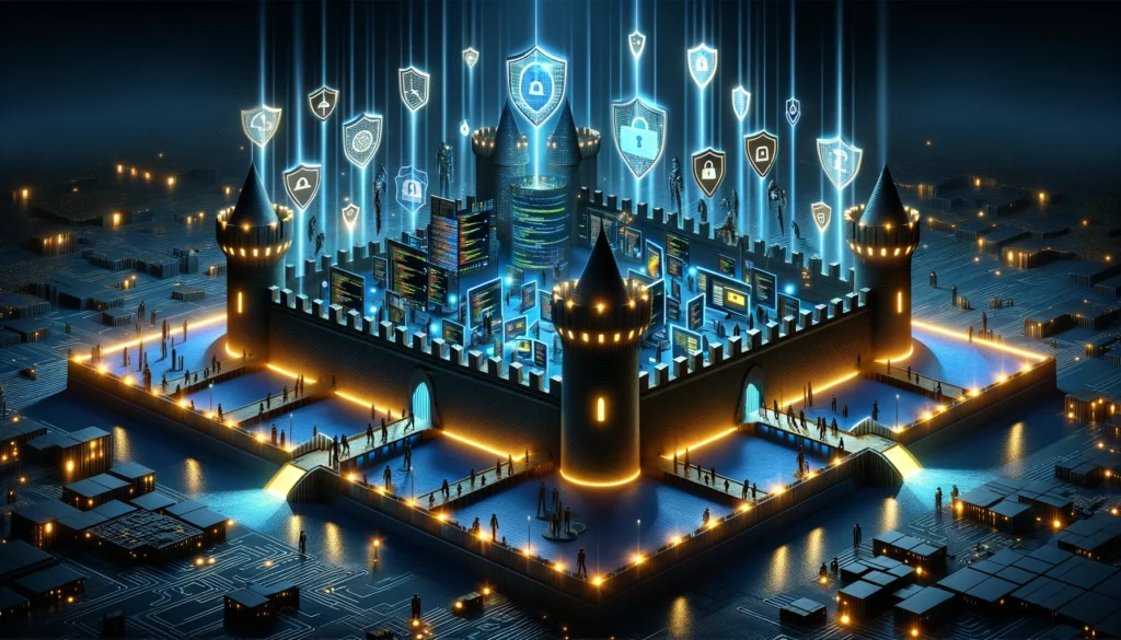 A digital fortress symbolizing website security, made of glowing code walls and surrounded by a moat of digital firewalls, with protective shields of antivirus software above. This fortress stands in a virtual landscape under perpetual twilight, representing constant vigilance against cyber threats, highlighted by searchlights of ongoing surveillance.