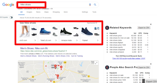 google search result for nike shoes with related keywords on the left