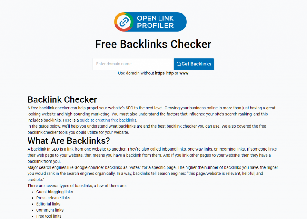 OpenLinkProfiler website showing Free Backlink Checker with search bar