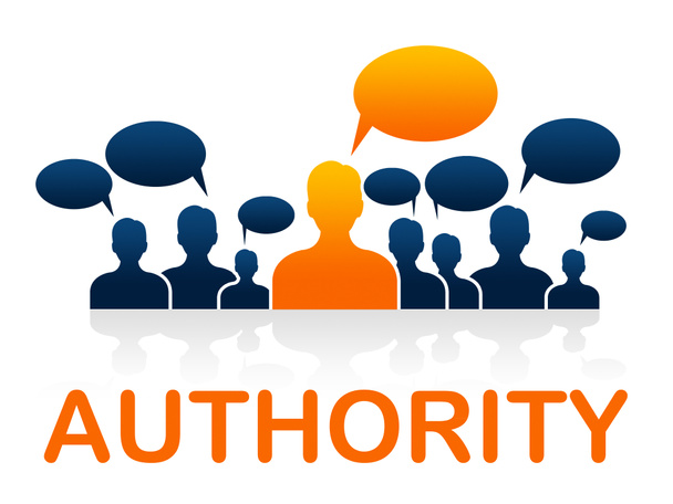 a group of silhouettes with one highlighted in orange, with speech bubbles above and the word "AUTHORITY" below.