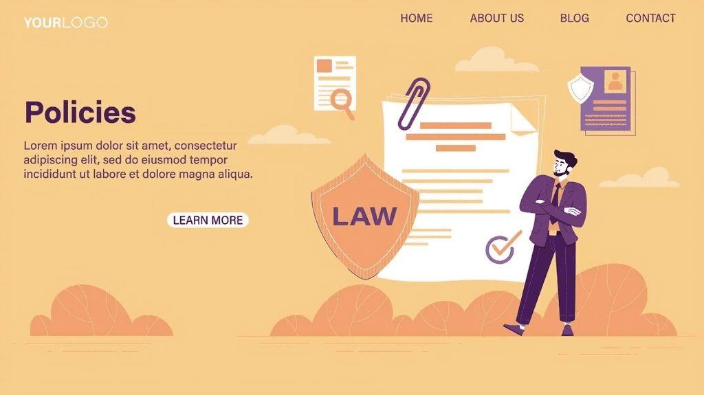 illustrations for "policies page" with a shield with a  "LAW" text