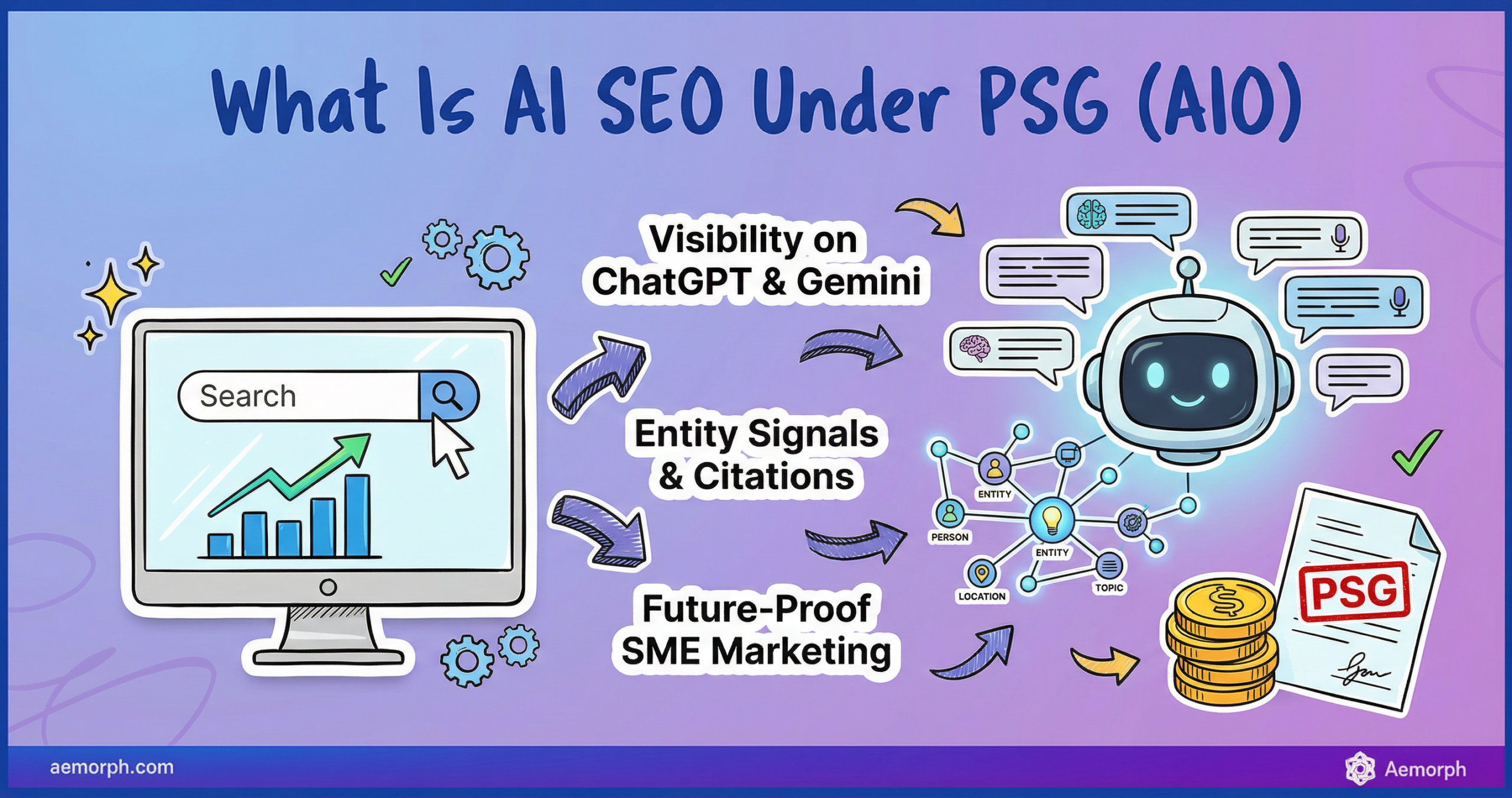 AI SEO under PSG showing visibility on ChatGPT and Gemini, entity signals, citations, and future-proof SME marketing