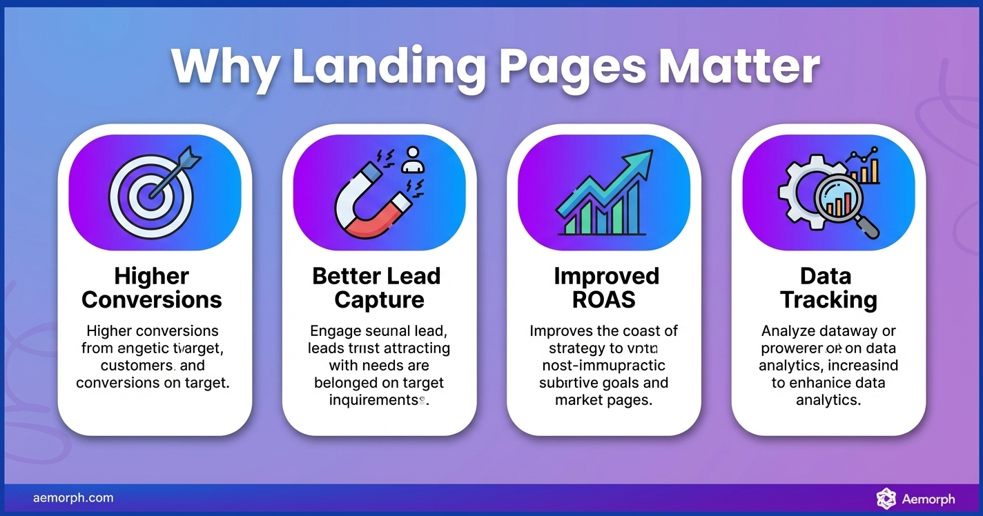 Key Benefits of Landing Pages for Conversions and ROI Why landing pages matter for marketing showing higher conversions, better lead capture, improved ROAS, and data tracking