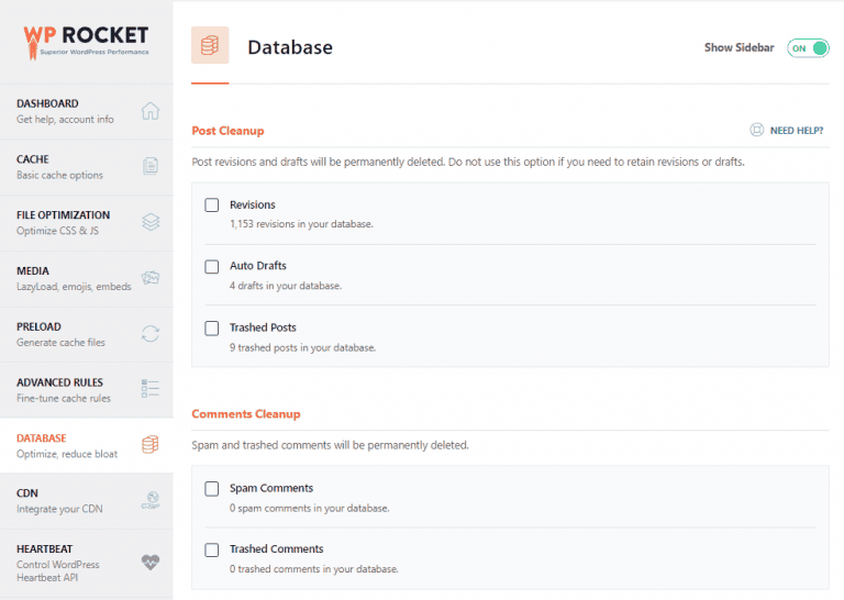 WP Rocket database panel showing post cleanup and comments cleanup