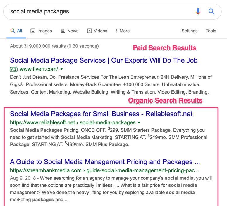 Examples of paid and organic search results