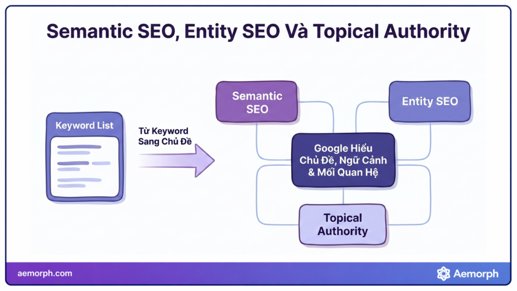semantic SEO, entity SEO và topical authority ảnh hưởng đến SEO
