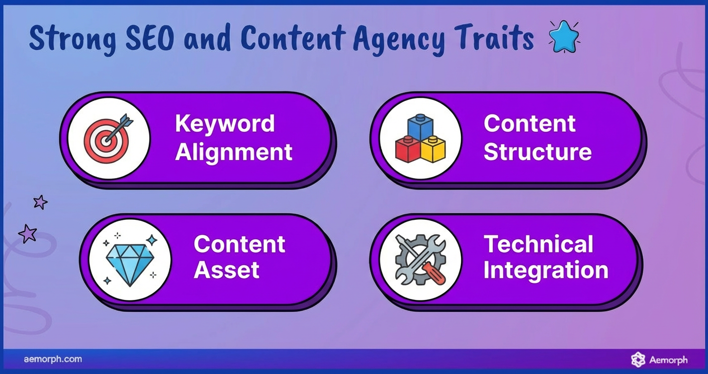 Strong SEO and content agency traits including keyword alignment, content structure, content assets, and technical integration