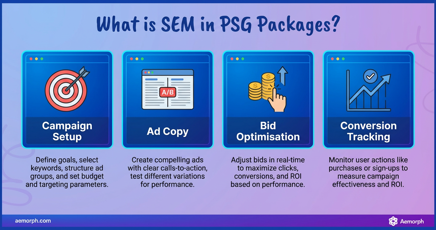 SEM in PSG packages showing campaign setup, ad copy, bid optimisation, and conversion tracking steps