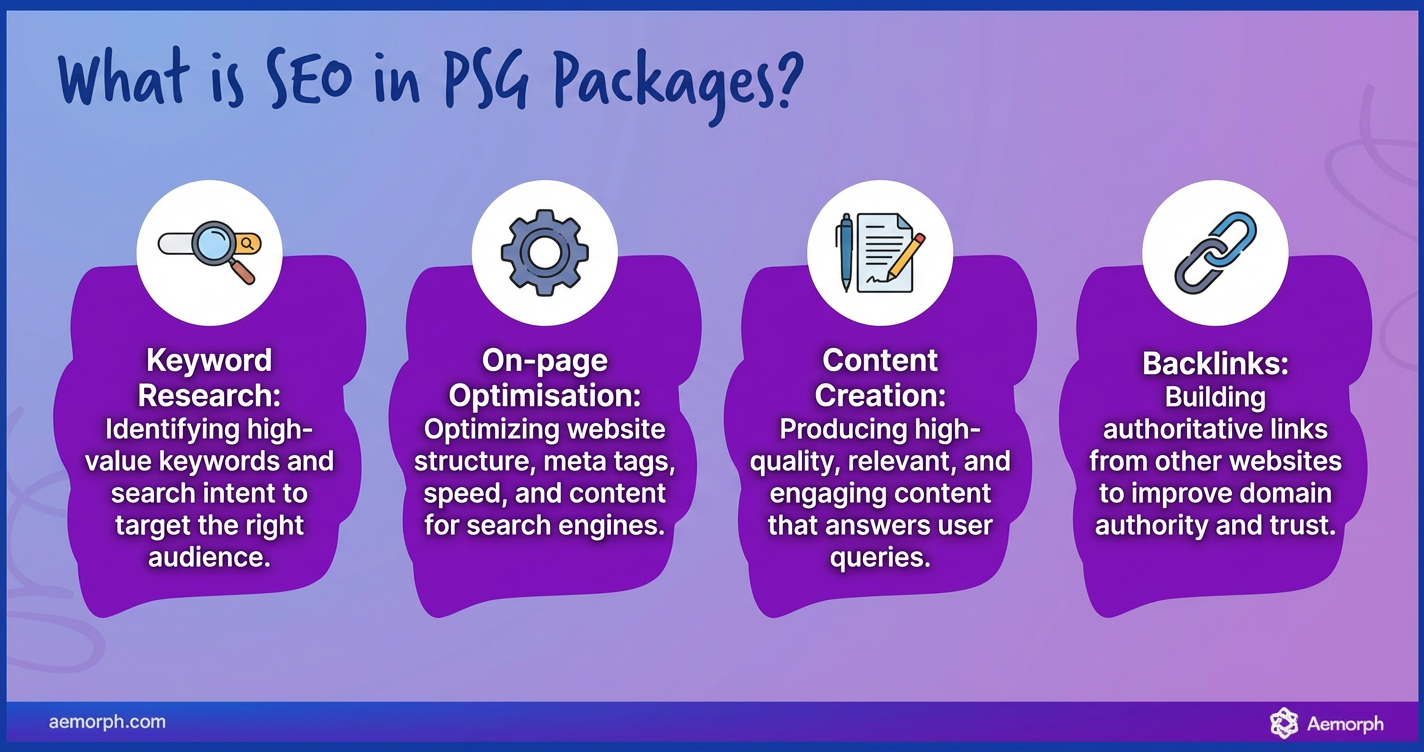 SEO in PSG packages showing keyword research, on-page optimisation, content creation, and backlinks