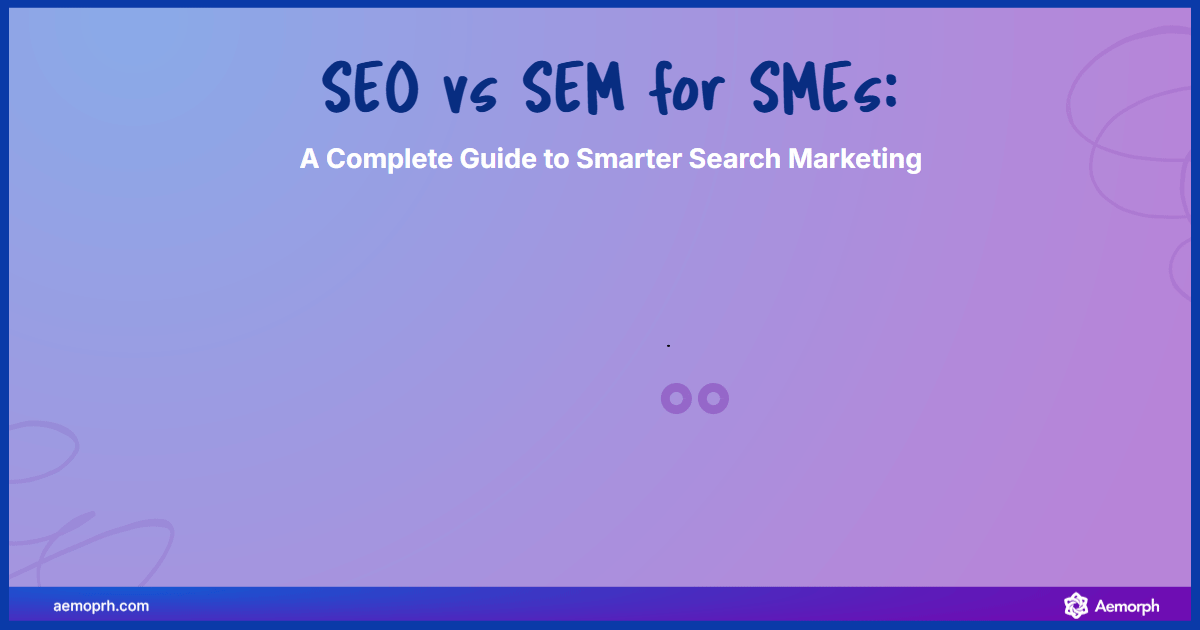 Split-screen of SEO and SEM. SEO side shows search icons, content, and growth. SEM side shows ad icons, dollar signs, and fast results. A storefront represents small businesses.