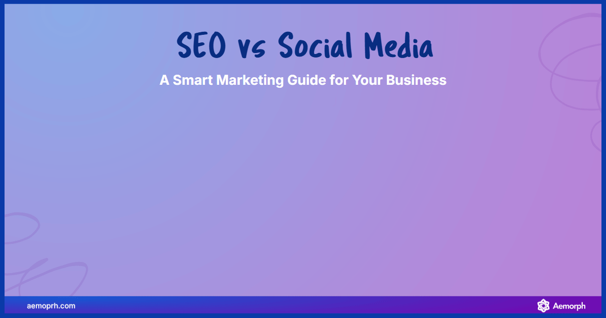 SEO vs Social Media: Understanding Two Powerful Marketing Channels Split-screen illustration comparing SEO and social media marketing with relevant icons and a balance scale.