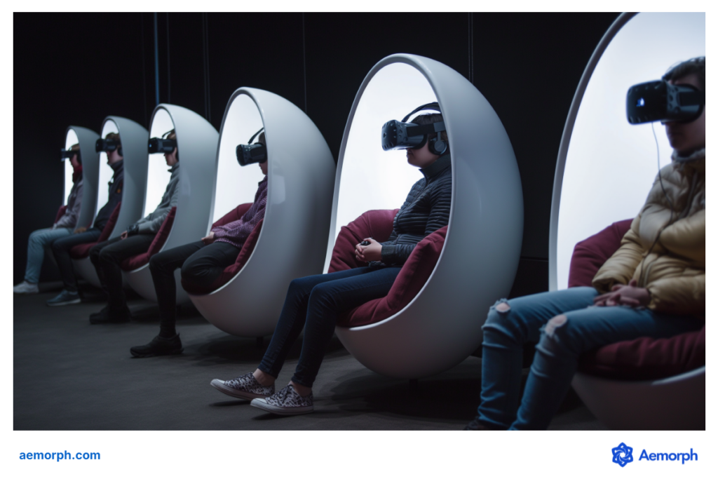 Visitors seated in egg-shaped chairs wearing VR headsets at an immersive virtual reality exhibit.
