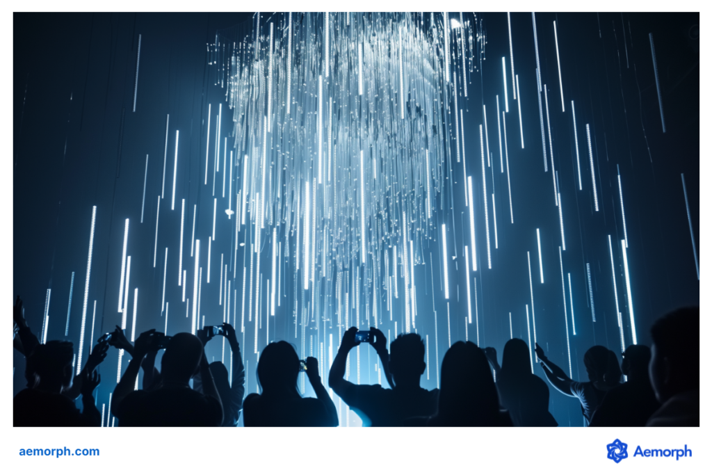 Visitors silhouetted against a dazzling blue light installation with cascading LED strands at the ArtScience Museum.