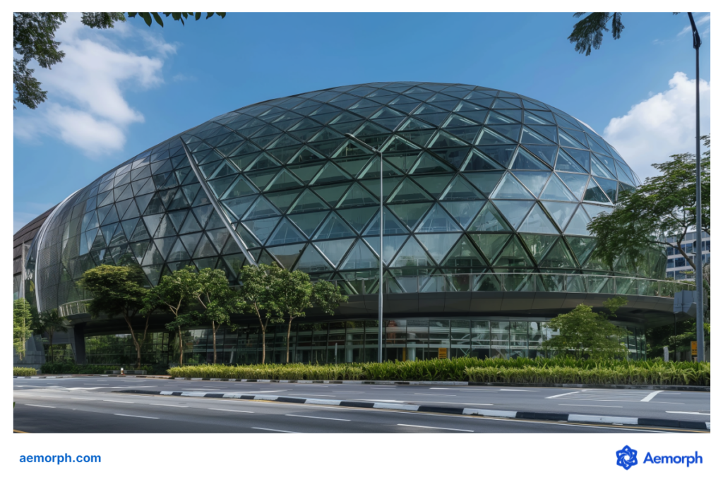 Toroidal dome design of Jewel Changi airport and lush greenery surrounding the building.