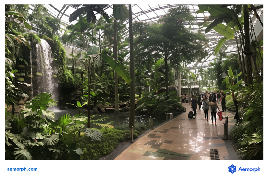 Indoor tropical garden with lush plants, and visitors walking under a glass roof at Jewel Changi Airport.