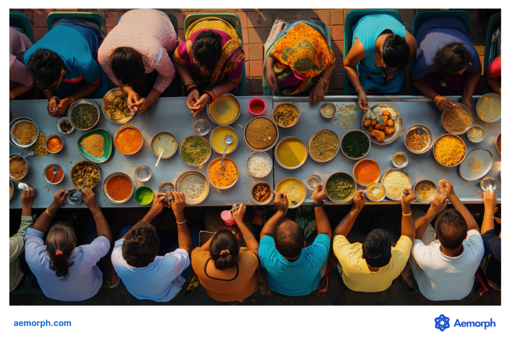 Top-down view of diners enjoying traditional Indian dishes at a long communal table in Little India.