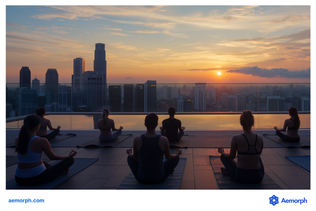 Group practicing yoga on a rooftop deck with a sunrise view of the Singapore skyline in the background.