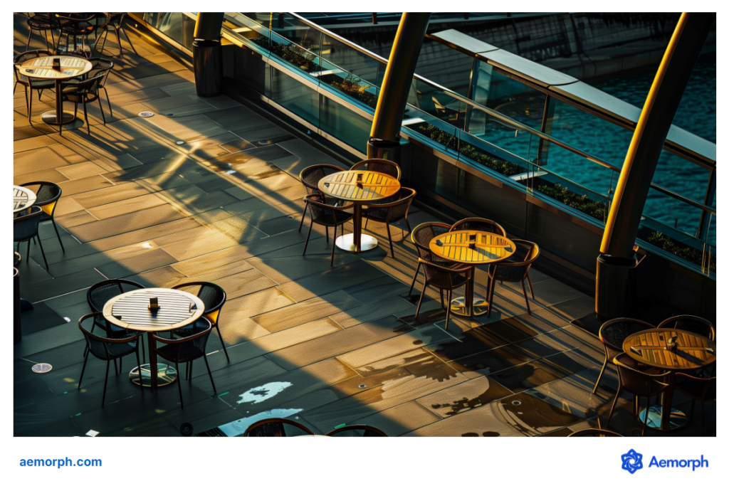 Outdoor rooftop dining area at Marina Bay Sands in golden sunset light.