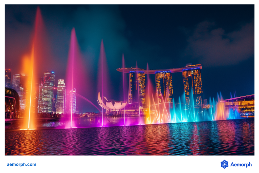Spectra Light and Water Show at the Marina Bay waterfront featuring laser lights, water fountains, and music.