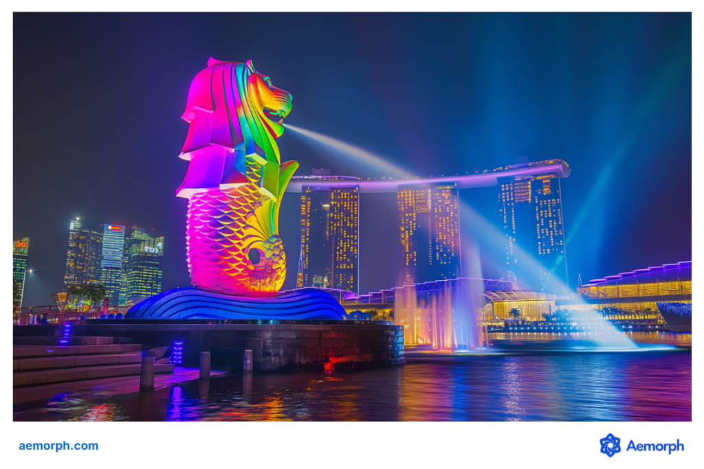 Merlion statue lit in different colours during a night light show, with Marina Bay Sands and city lights in the background.