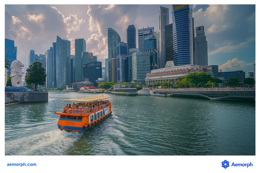 Singapore River Cruise or bumboat ride with Singapore skyline in the background.