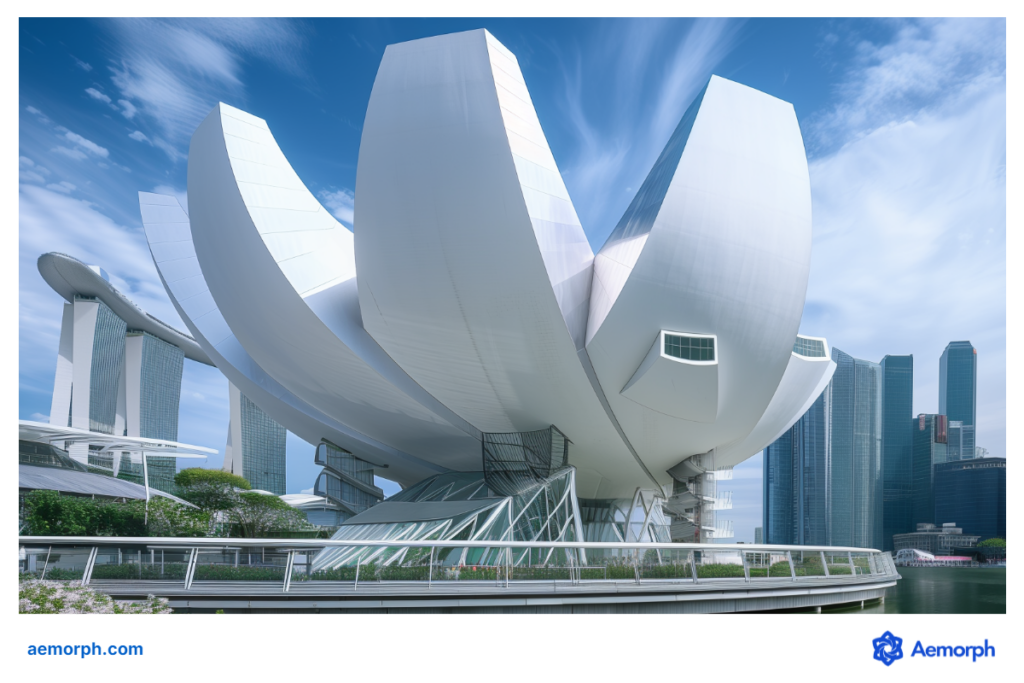 ArtScience Museum in Singapore, shaped like a lotus, with Marina Bay Sands and skyscrapers in the background.