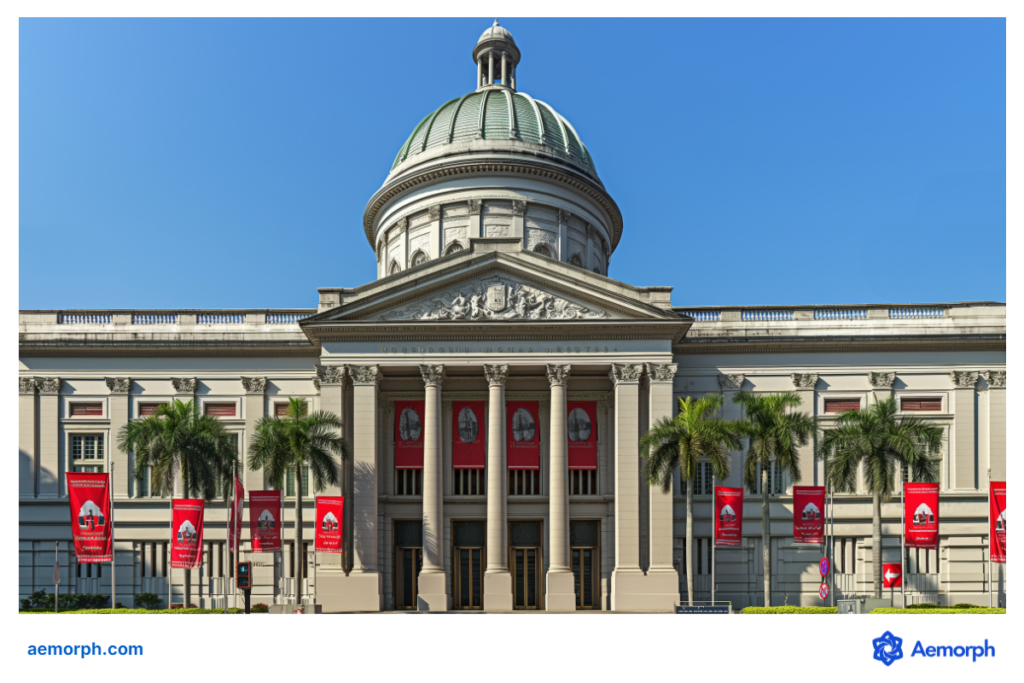 Neoclassical facade of the National Gallery Singapore adorned with red banners and palm trees.